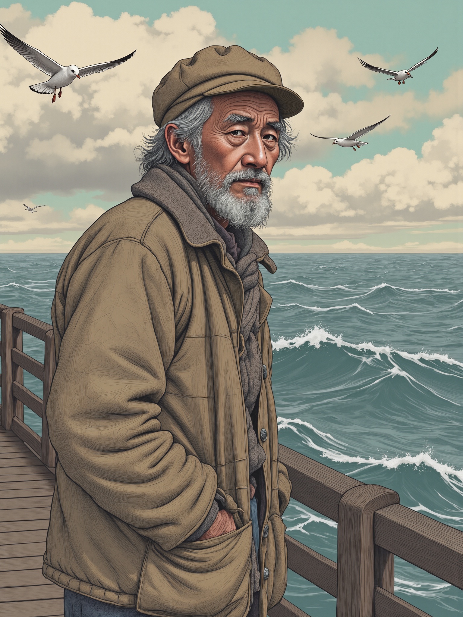 color line draft style,an old fisherman stands on a weathered dock, staring out at the choppy sea. His face is etched with lines of hardship, his beard unkempt and streaked with gray. His eyes are fixed on the horizon, reflecting both a longing for a bountiful catch and the burden of uncertainty. His coarse, salt-stained coat and tattered hat speak of years of braving the elements. The background features a stormy ocean under a cloudy sky, with seagulls circling above.