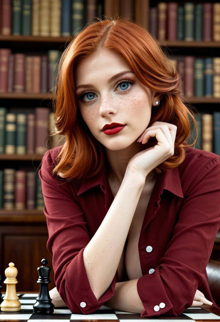 cute 25 year-old girl (striffler photographer) sitting at table playing chess in dark library,  chess board on table,  ope...