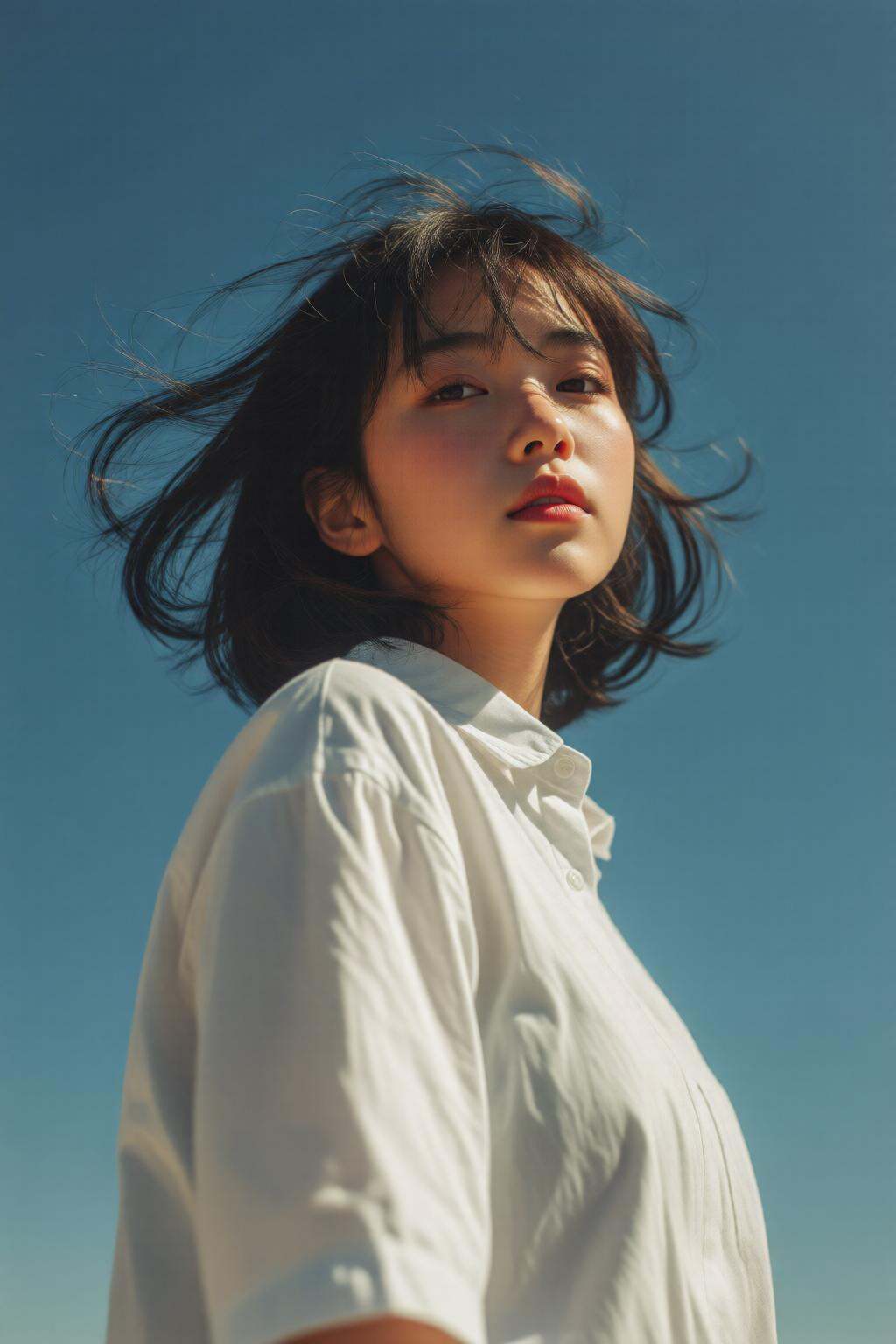 midjourneylowangle11q Low angle shot. Asian teenager with short,  dark hair wearing a yellow shirt. She is standing outdoo...