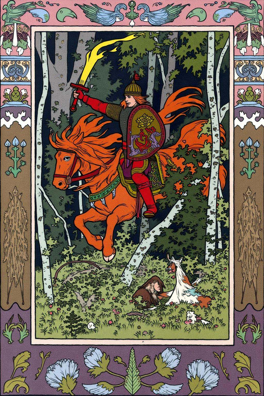 ivanbilibin1 illustration.A warrior riding a horse through a dense forest. He is carrying a shield and holding a flaming s...
