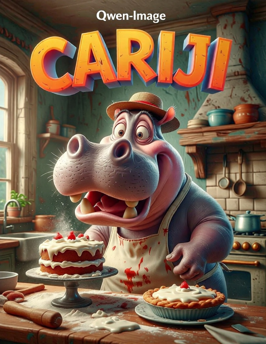 Cariji,  Poster titled "CARIJI" in vibrant bold 3d text with subtile "Qwen-Image" featuring detailed funny Cariji,  funny...