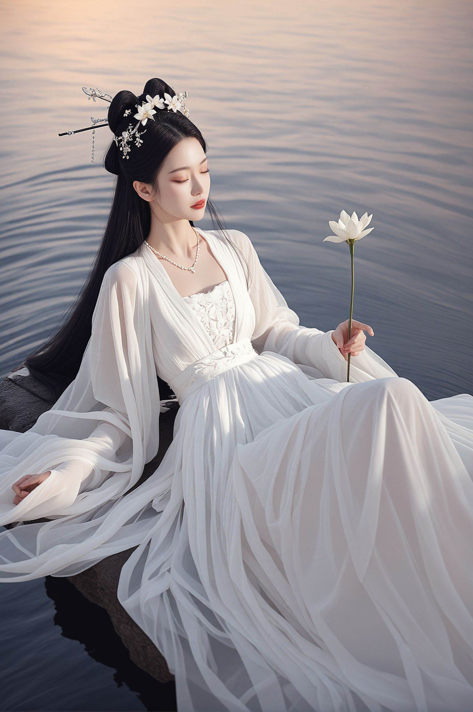 score_9,score_8_up,score_7_up,score_6_up,score_5_up,score_4_up,hanfu,wide sleeves,long sleeves,sleeves past fingers,see-through,hair stick,hair ornament,1girl,black hair,closed eyes,long hair,solo,necklace,dress,jewelry,flower,white dress,red lips,lying,on back,hair ornament,realistic,water,