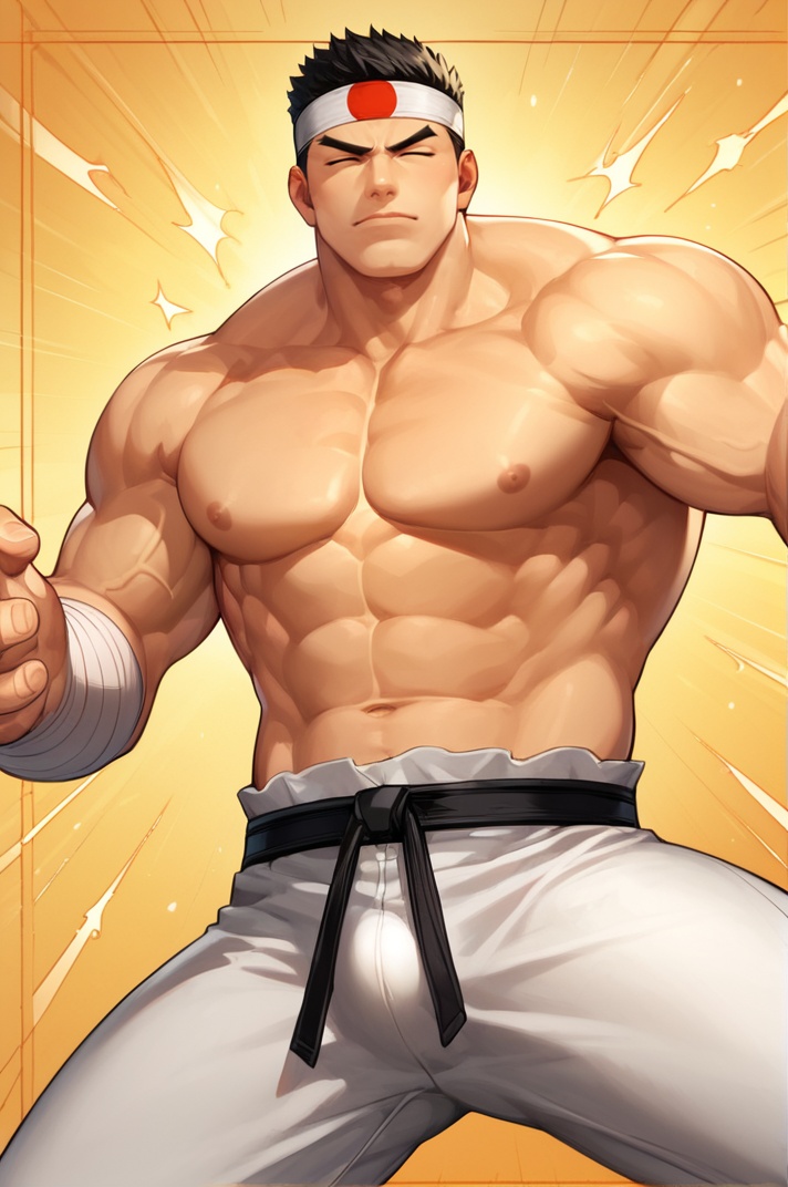 Daimon_KOF, solo, short hair, black hair, 1boy, navel, nipples, closed eyes, male focus, belt, pants, stomach, muscular, headband, bandages, abs, thick eyebrows, pectorals, muscular male, bara, large pectorals, bulge, topless male, black belt, fighting stance, white pants <lora:add-detail-xl:1> <lora:Expressive_H:1> <lora:Daimon_KOF:1>, score_9, score_8_up, score_7_up, beautiful aesthetic, very intricate, high quality details, rating_explicit, (perfect anatomy:1.4),(ultra detailed:1.4),
