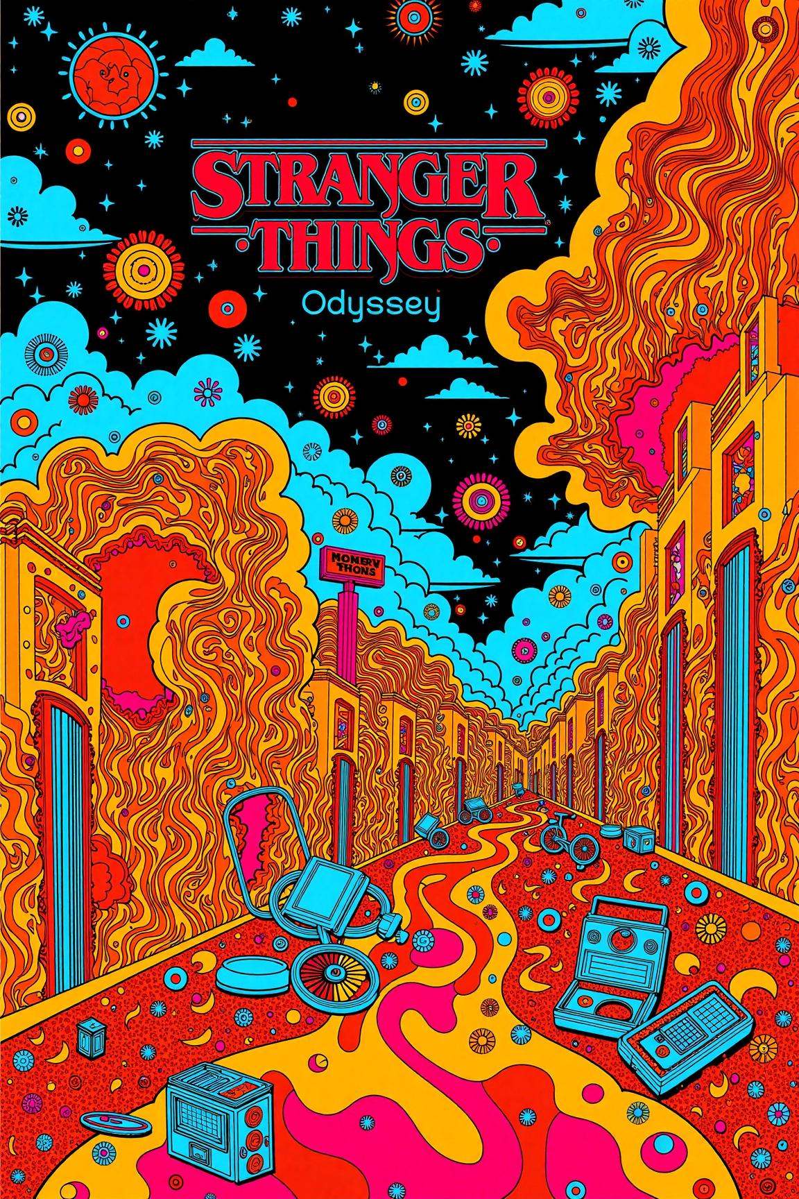 psypop,  70s psychedelic style poster of a "Stranger Things Odyssey" psychedelic 1970s pop art poster,  vibrant Hawkins to...