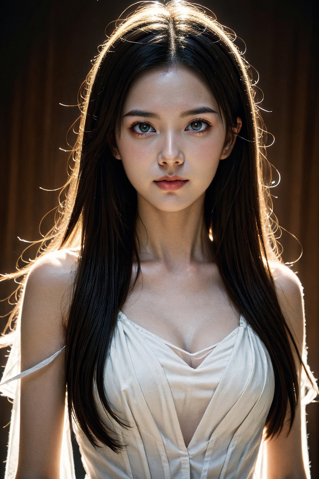 girl, brown eyes, black long hair, realistic skin, skin pores, beautiful, pretty, portrait, dramatic lighting, realistic, teenage, closed mouth, halter neck see-through pleated dress, 