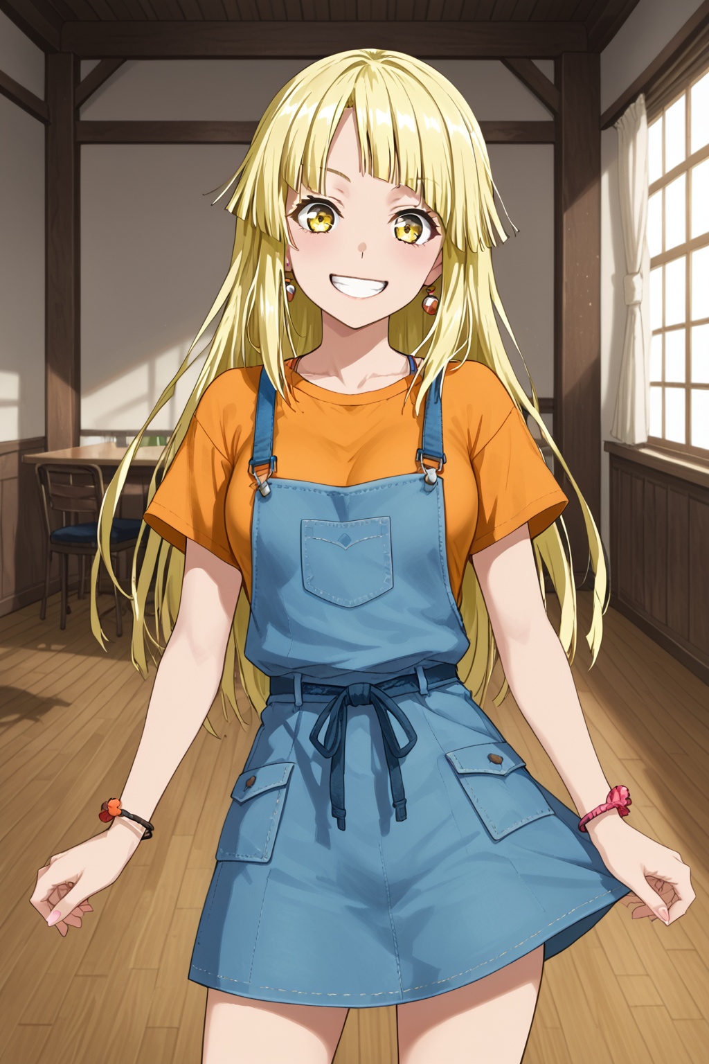 Tsurumaki Kokoro,long hair, breasts,smile, bangs, blonde hair,yellow eyes<lora:xinkkr:0.8>