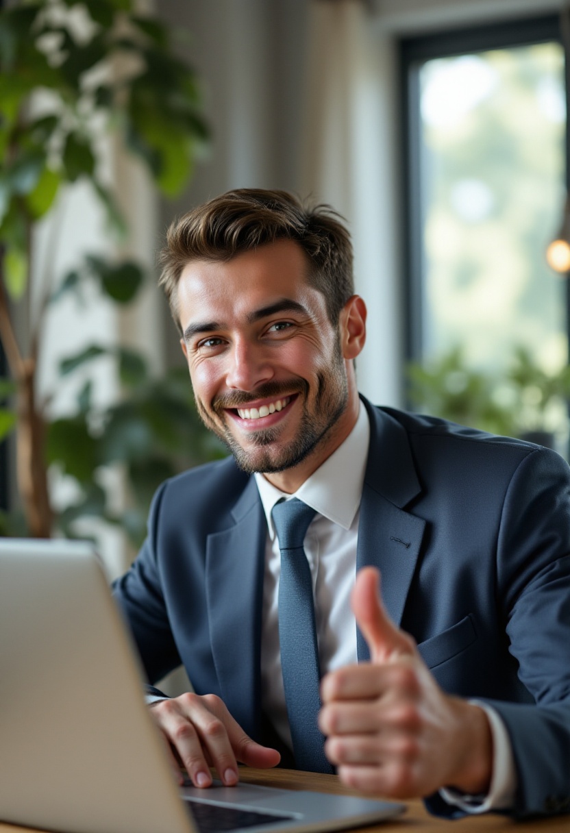 realistic photo of a business man sitting in front of a laptop,  smiling and giving a thumbs up on Tensor.Art