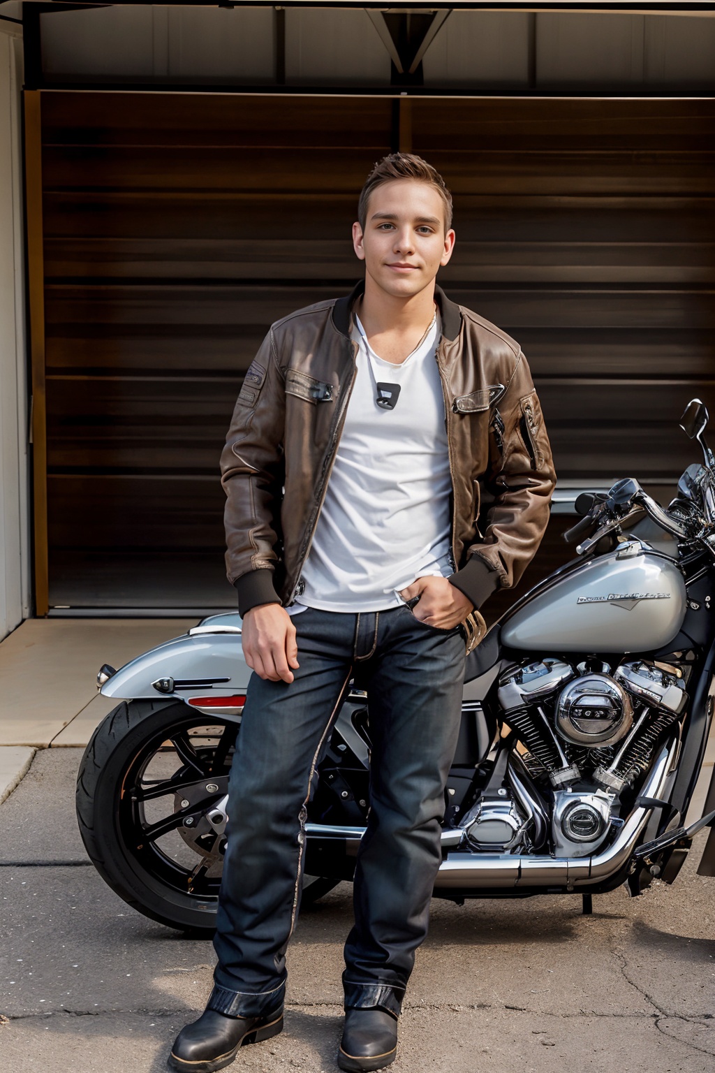 in front of a garage,  garage door open,  (sitting on a motorcycle) on Tensor.Art