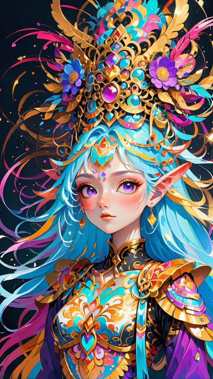 This is a highly detailed, vibrant digital illustration of a young woman with a fantastical appearance. She has long, flowing, light blue hair cascading down her back and a striking, intricate headdress adorned with golden, spherical ornaments and colorful ribbons. Her large, expressive eyes are a captivating purple, giving her a mysterious and enchanting look. She wears a form-fitting, black bodysuit with a high collar and intricate, golden designs on the chest, showcasing a floral motif. Her outfit is complemented by colorful, geometric patterns and a vibrant, rainbow-colored sash around her waist. The background is a dark gradient, enhancing the vividness of her attire and the intricate details of her headdress. The illustration style is reminiscent of anime, with sharp lines and vibrant colors, typical of contemporary digital art. Her overall appearance exudes a blend of elegance and mystique, suggesting a character from a fantasy or sci-fi narrative.