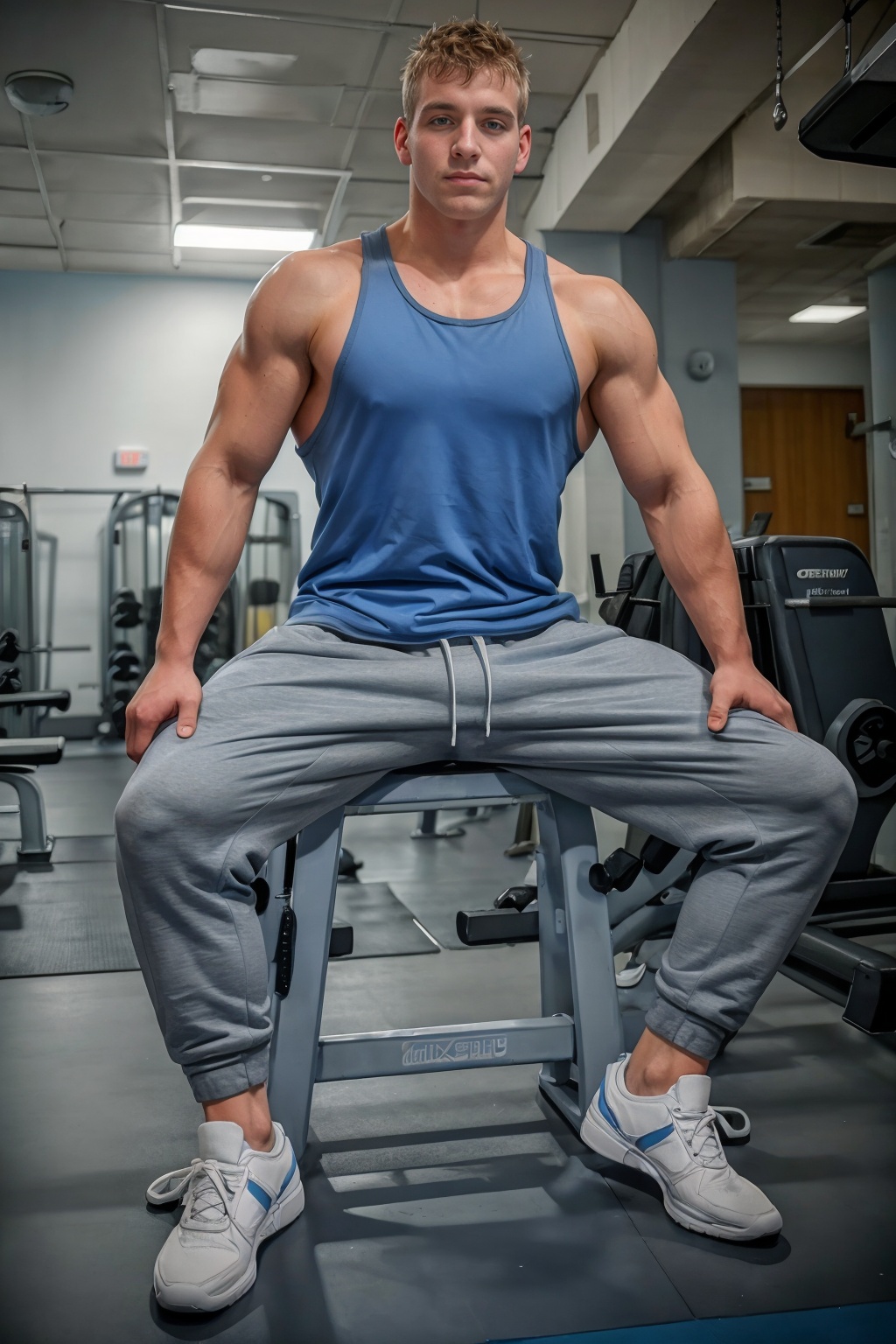 modern gym weight room,  high ceiling,  weight machines in the background on Tensor.Art