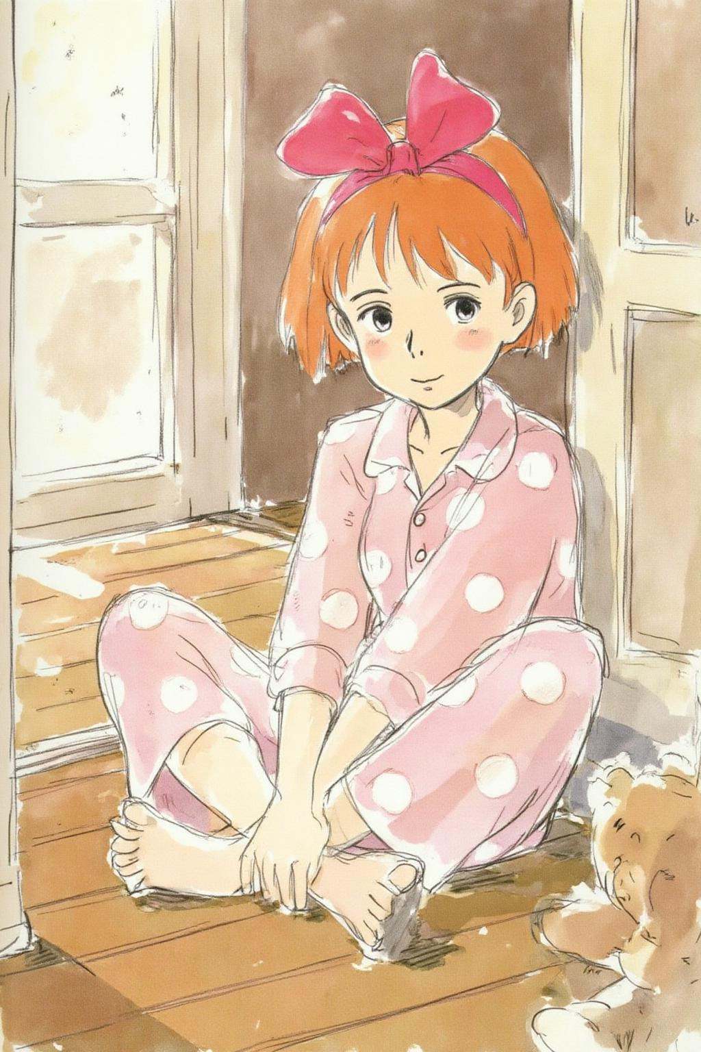 hayaomiyazaki2 illustration.Kiki,  fiery-orange cropped hair,  oversized fuchsia bow on Tensor.Art