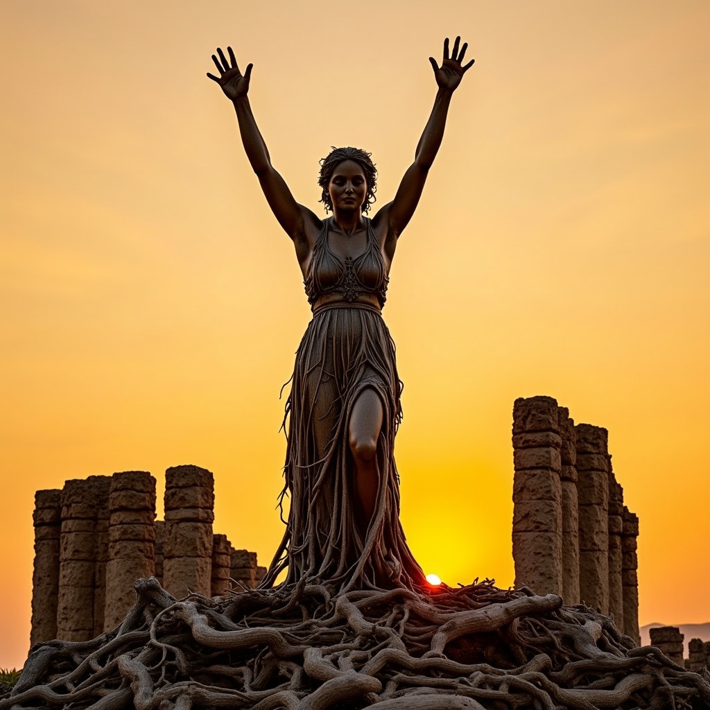 Against the warm,  golden hour backdrop,  a stunning double exposure unfolds. A driftwood greek goddess making her hands a...