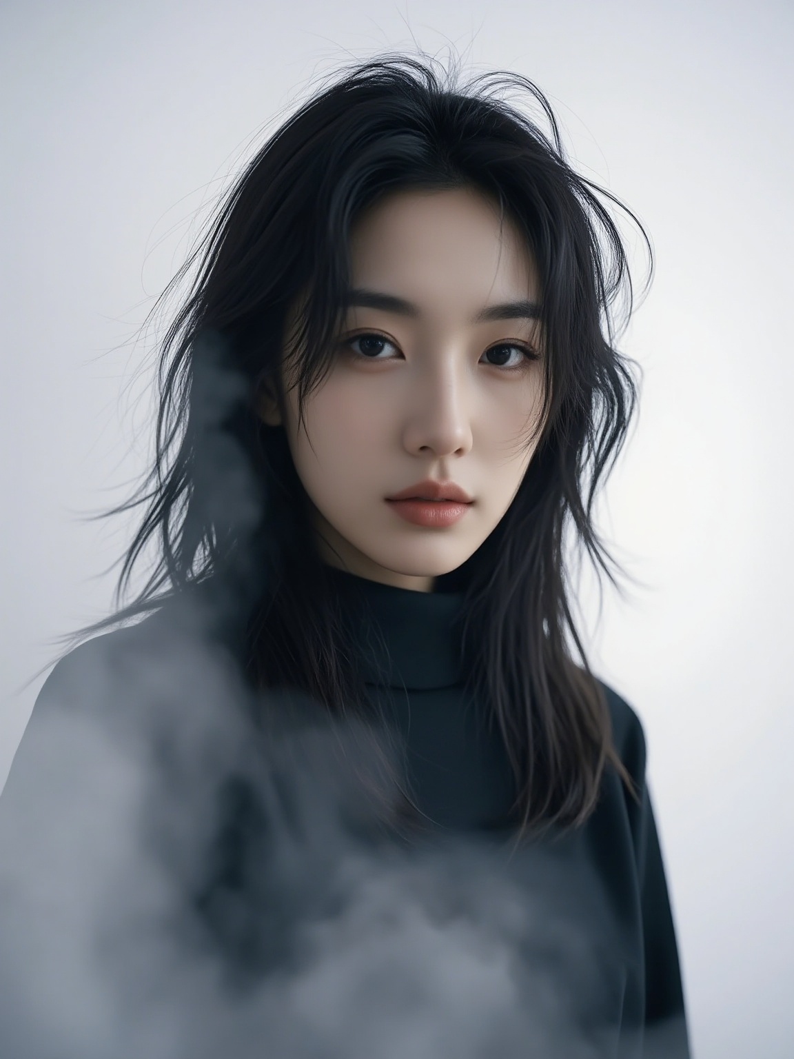 1girl,  This is a high-resolution photograph of a young Asian woman with a serene expression and delicate features. She ha...
