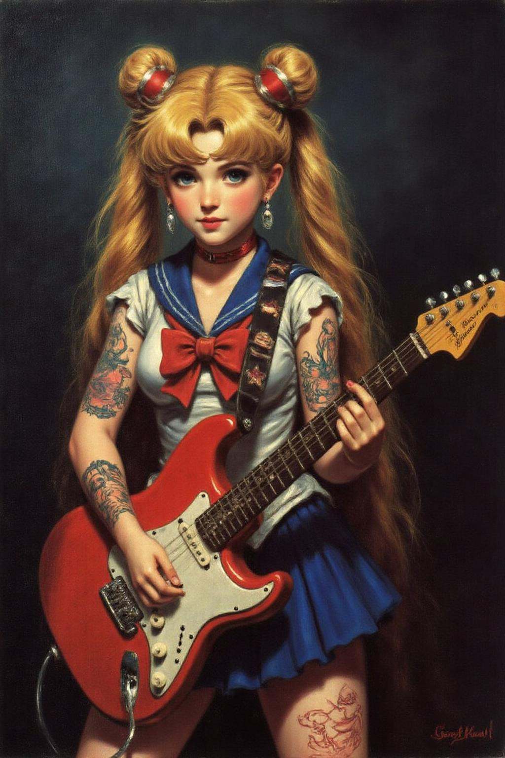 jore1 painting. punk sailor moon playing a guitar at a heavy metal mosh pit,  tattoos,  piercing. on Tensor.Art