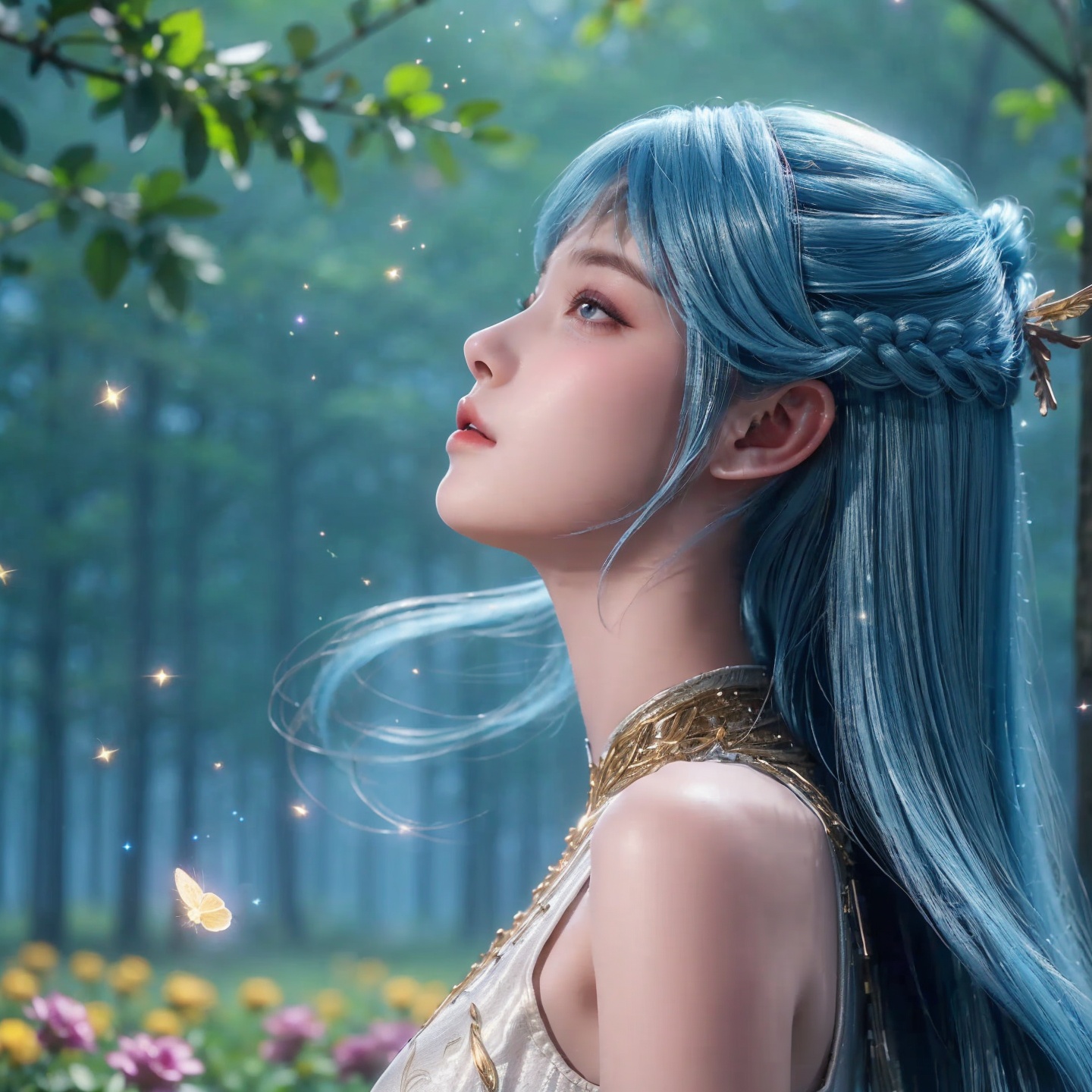 1girl,solo,long hair,bangs,blue hair,hair ornament,braid,blue eyes,closed mouth,dress,looking up,outdoors,night,flower field,((glowing)),(glowing particles,sparkle),fireflies,(scenery),blurry,from side,Highly detailed,(ultra-detailed),(best quality,masterpiece:1.5),<lora:20240928-1727465731121:0.6>,