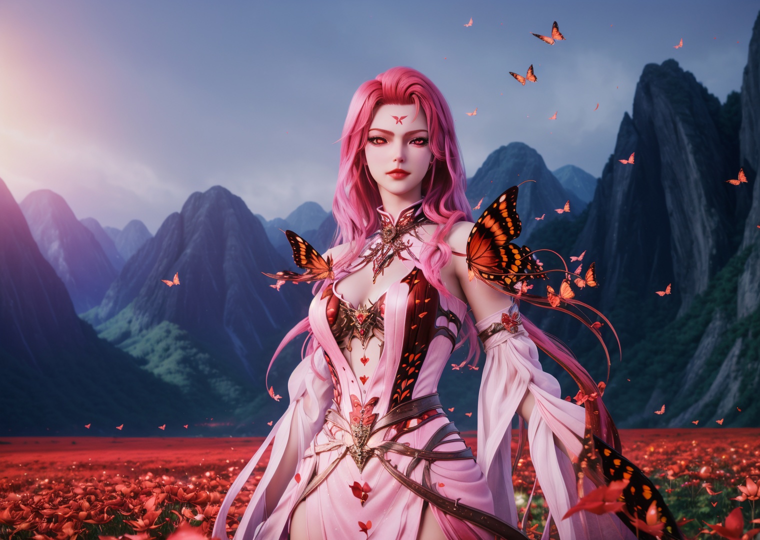 1girl,solo,long hair,pink hair,pink eyes,heart-shaped pupils,red lips,forehead mark,closed mouth,dress,looking at viewer,outdoors,nature,flower field,scenery,fantasy,((butterfly)),red butterfly,sparkle,((petals)),((glowing)),(blurry),depth of field,simple background,cowboy shot,from below,3d,Highly detailed,(ultra-detailed),(best quality,masterpiece:1.5),<lora:xidi:0.7>,