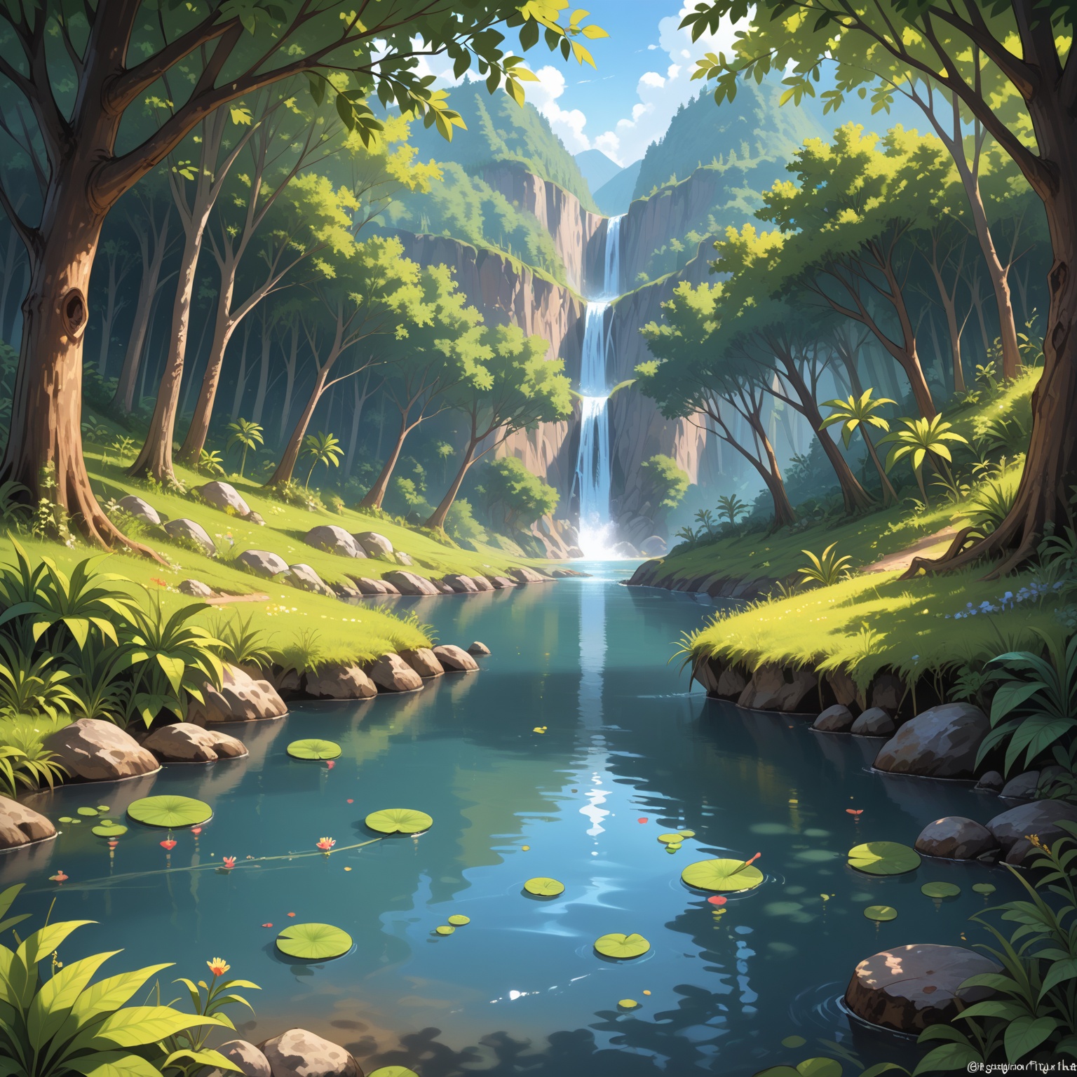 lush vegetation flanking a prehistoric river teeming with aquatic life on Tensor.Art