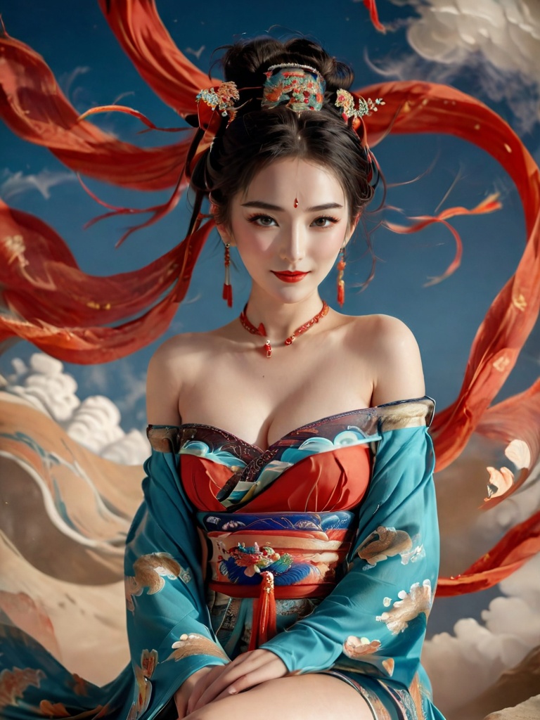 dunhuang, 1girl, jewelry, earrings, dress, solo, hair ornament, sitting, bare shoulders, red dress, chinese clothes, sash, black hair, looking at viewer, sky, red lips, off shoulder, hair bun, hands on lap, tassel, breasts, cloud, necklace, bare legs, realistic, collarbone, closed mouth, blue sky, single hair bun, makeup, smile,<lora:dunhuang-000008:0.8>,, best quality, ultra-detailed, masterpiece, finely detail, highres, 8k wallpaper