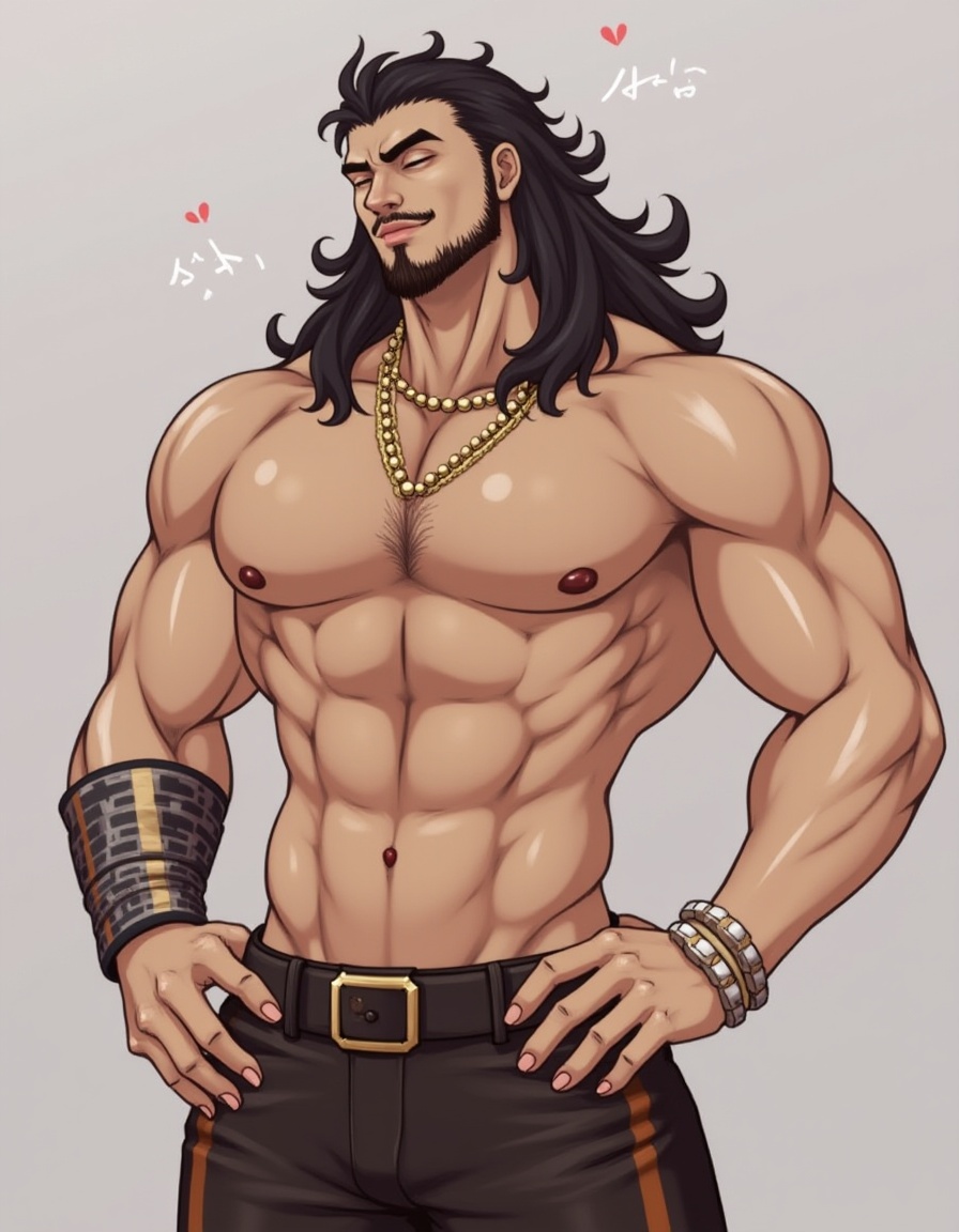 CNPYangYe,1boy,abs,arm hair,bald,bara,beard,body hair,bracelet,chest hair,closed eyes,facial hair,hairy,jewelry,large pectorals,long hair,male focus,male pubic hair,mature male,muscular,muscular male,navel,navel hair,necklace,nipples,pectorals,pubic hair,solo  <lora:FLUX.中国绣像画CNPYangYe:1.1>