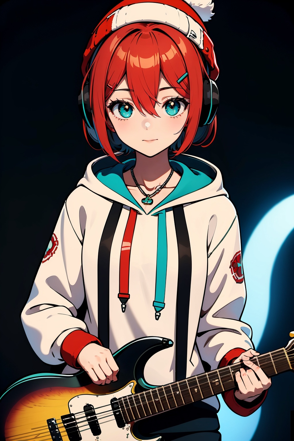 1girl, solo, instrument, guitar, hood, hoodie, beanie, necklace, hat, jewelry, holding, looking at viewer, hatsune miku, red headwear, white hoodie, electric guitar, holding instrument, headphones, red hair, short hair, hair ornament, hairclip, hair between eyes, closed mouth, alternate hairstyle