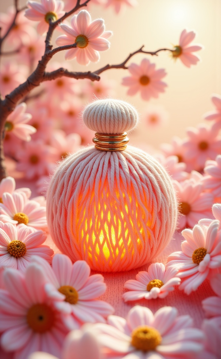 miluo_maoxian，Commercial photography, perfume bottle woven from wool. There are flowers entwining around. Sunshine, depth of field. Pixar 3D Style <lora:miluo丨画了个毛线v1.6:1>knitting wool