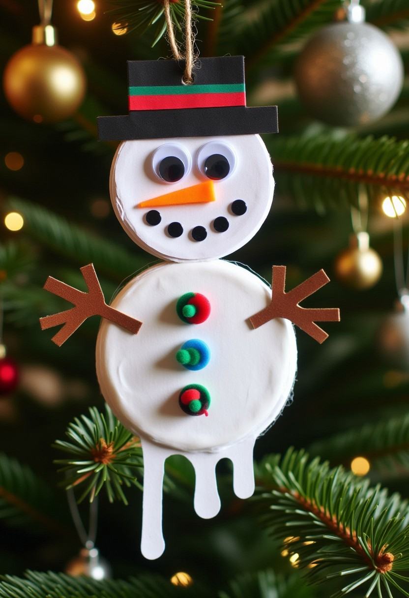 Photograph of a festive,  whimsical,  handmade Christmas decoration in the form of a melting snowman on Tensor.Art