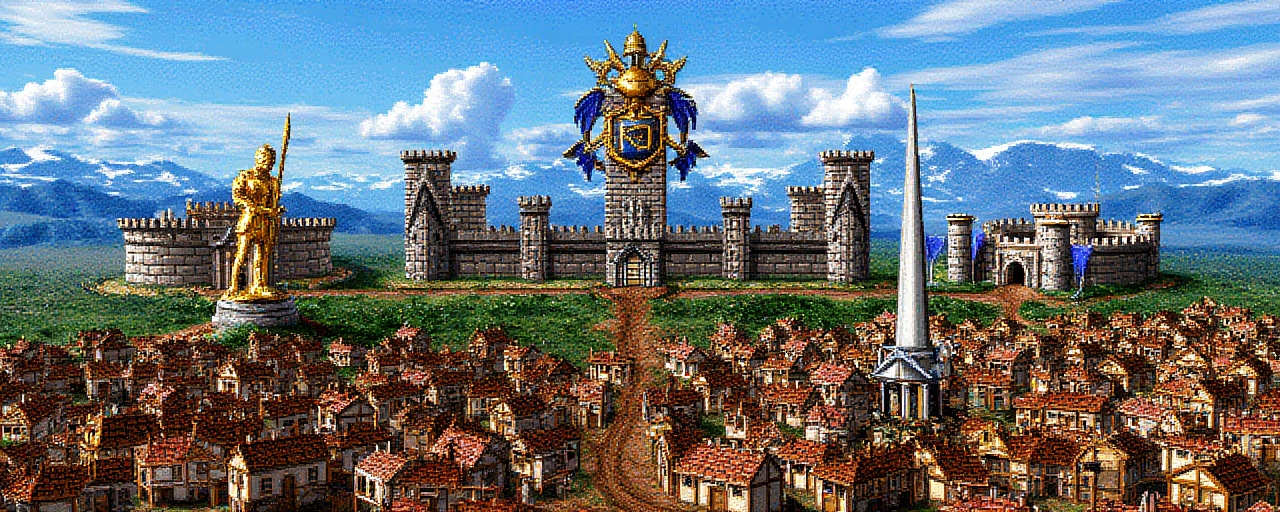 Original HoMM2 style town screen of a medieval fantasy cityscape. The layout features a sprawling town with numerous small...