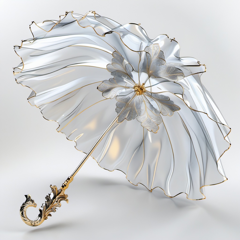 san, umbrella,A fancy, see-through parasol with a delicate, ruffled edge flaunts a gold handle decked out with intricate designs. The inside shows off a silver floral pattern, all set against a plain white background. The parasol's texture is smooth and shiny, giving off a posh, elegant vibe.,<lora:sanv1:0.8>