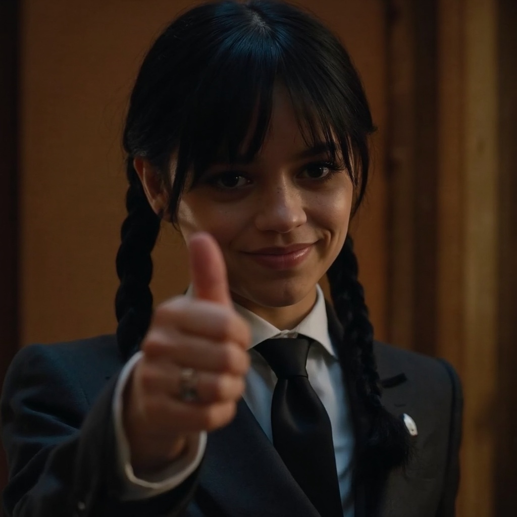 A close-up portrait of jenna_ortega with dark hair styled in two braids. She wears a dark suit with a white shirt and a bl...