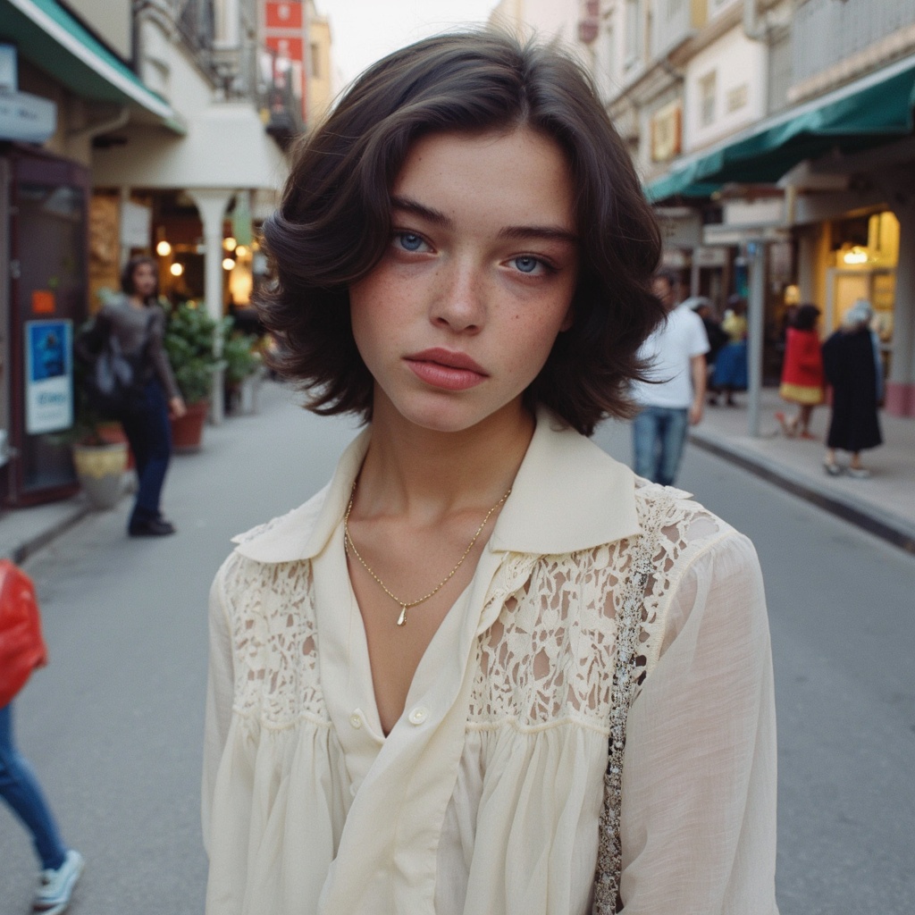 A portrait of sydney_melman in a candid moment on a city street. She wears a light-colored blouse with lace detailing and a necklace. Her dark hair is styled in a bob, and she directly stares at the camera with a neutral expression. The background is a bustling urban scene with pedestrians and buildings, illuminated by the warm glow of the setting sun. The color palette consists primarily of earthy tones, with the woman's white blouse contrasting against the muted background.