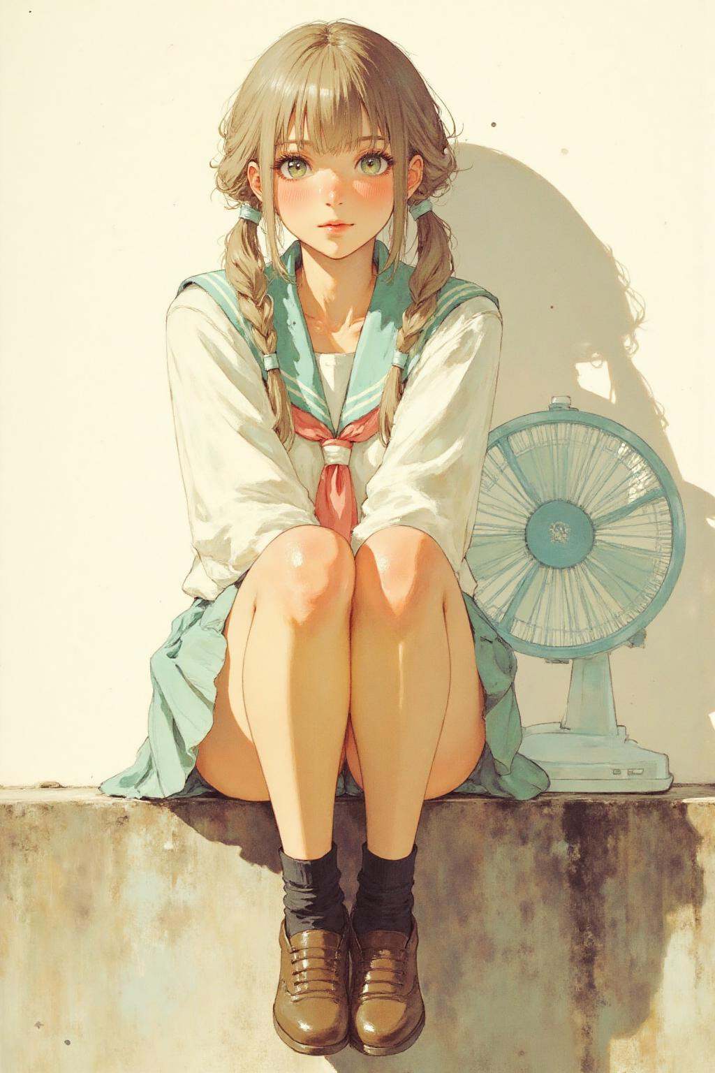 nijiwatercolor2 anime illustration.A girl is sitting on a concrete surface,  leaning forward slightly. She has light brown...
