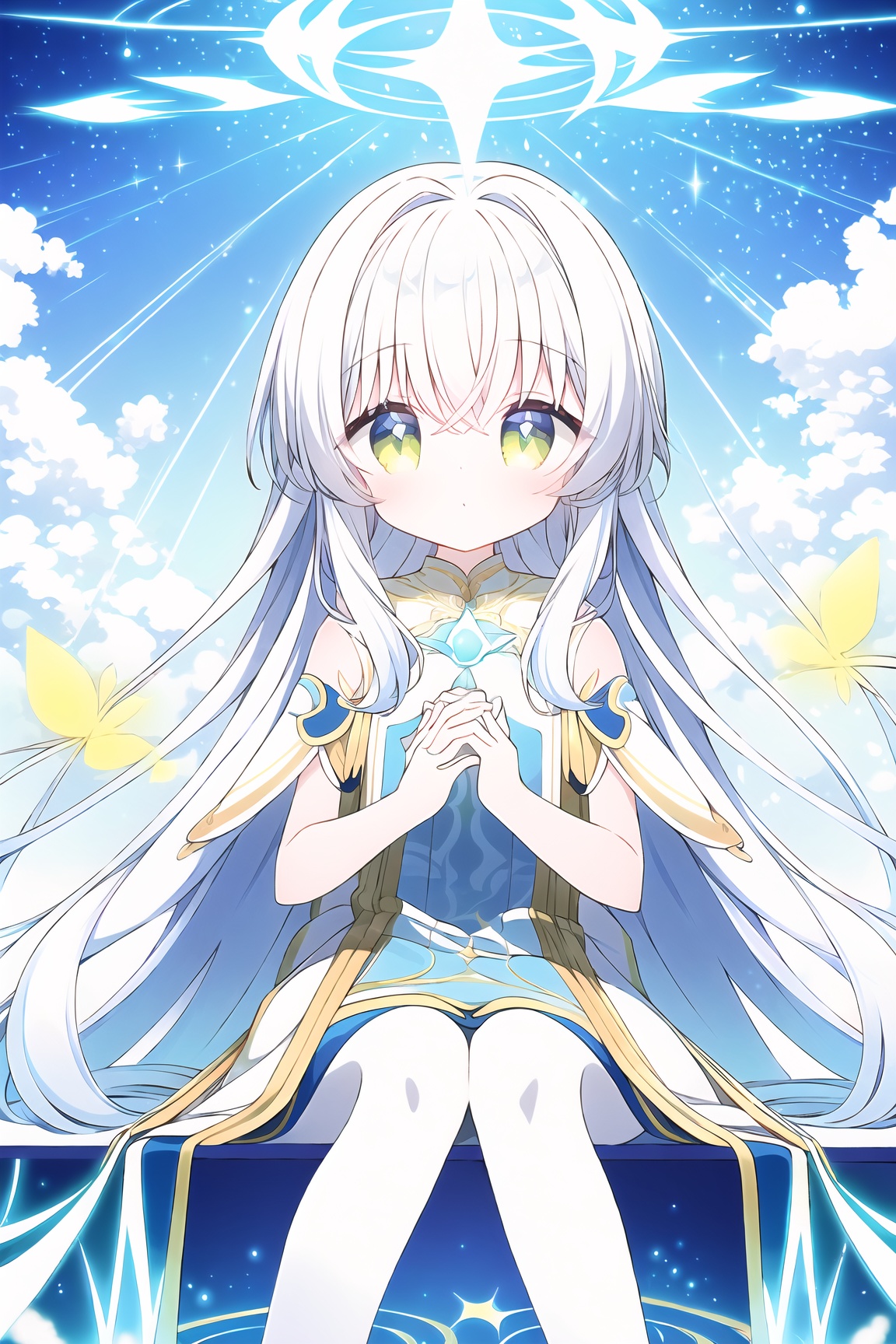 A captivating,  dreamlike anime girl sitting in a fantastical heavenly landscape filled with radiant shades of pure white,...