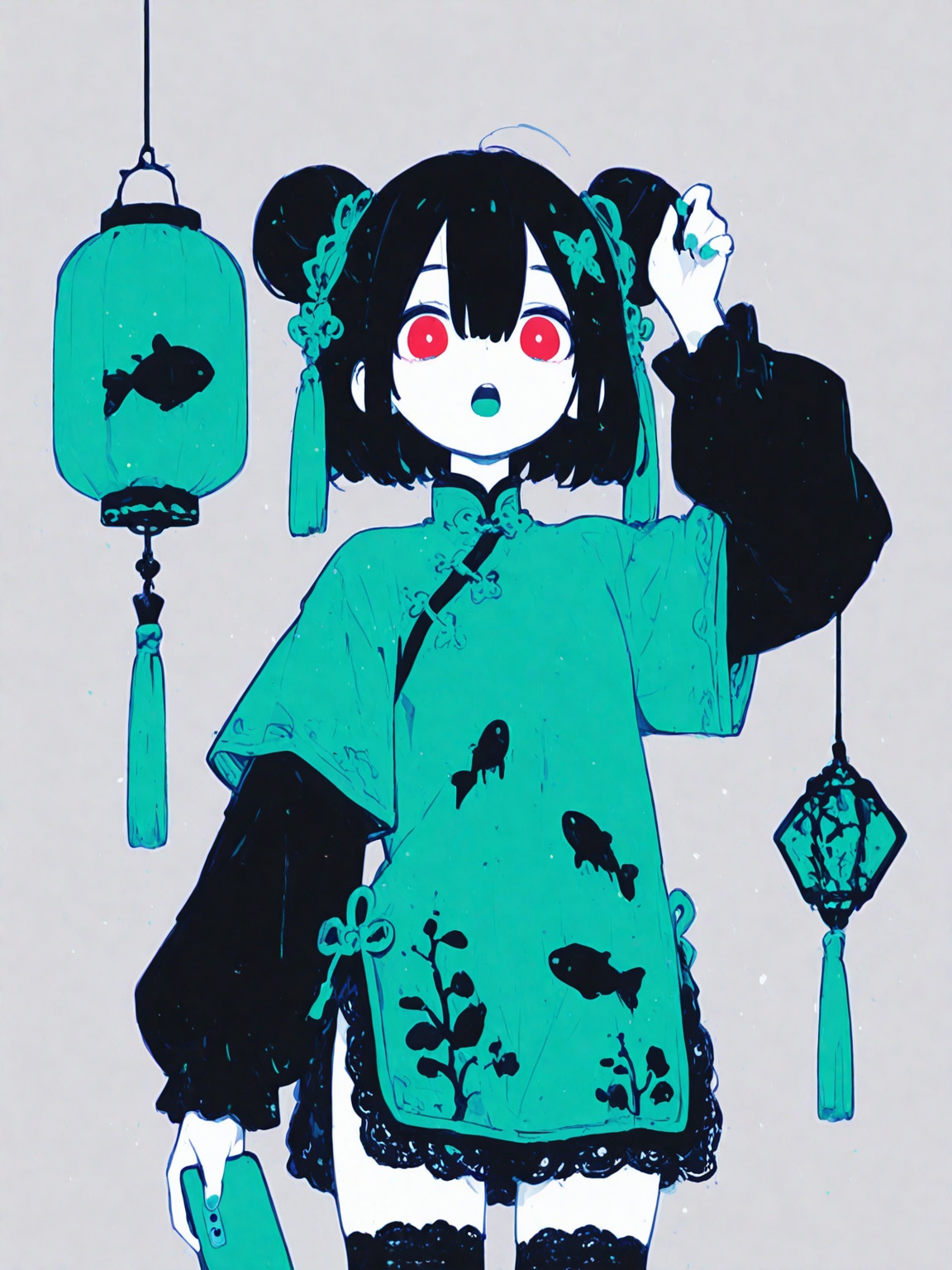 masterpiece, best quality, amazing quality, 1girl, solo, looking at viewer, open mouth, short hair, black hair, long sleeves, hair ornament, red eyes, dress, thighhighs, holding, hair between eyes, standing, short sleeves, cowboy shot, teeth, black thighhighs, grey background, hair bun, nail polish, blurry, arm up, upper teeth only, double bun, depth of field, chinese clothes, phone, short dress, cellphone, animal print, tassel, china dress, lace trim, smartphone, holding phone, green dress, lantern, layered sleeves, short over long sleeves, paper lantern, print dress, butterfly print, fish print, traditional media, monochrome, painting \(medium\), watercolor \(medium\), graphite \(medium\),blue theme, 