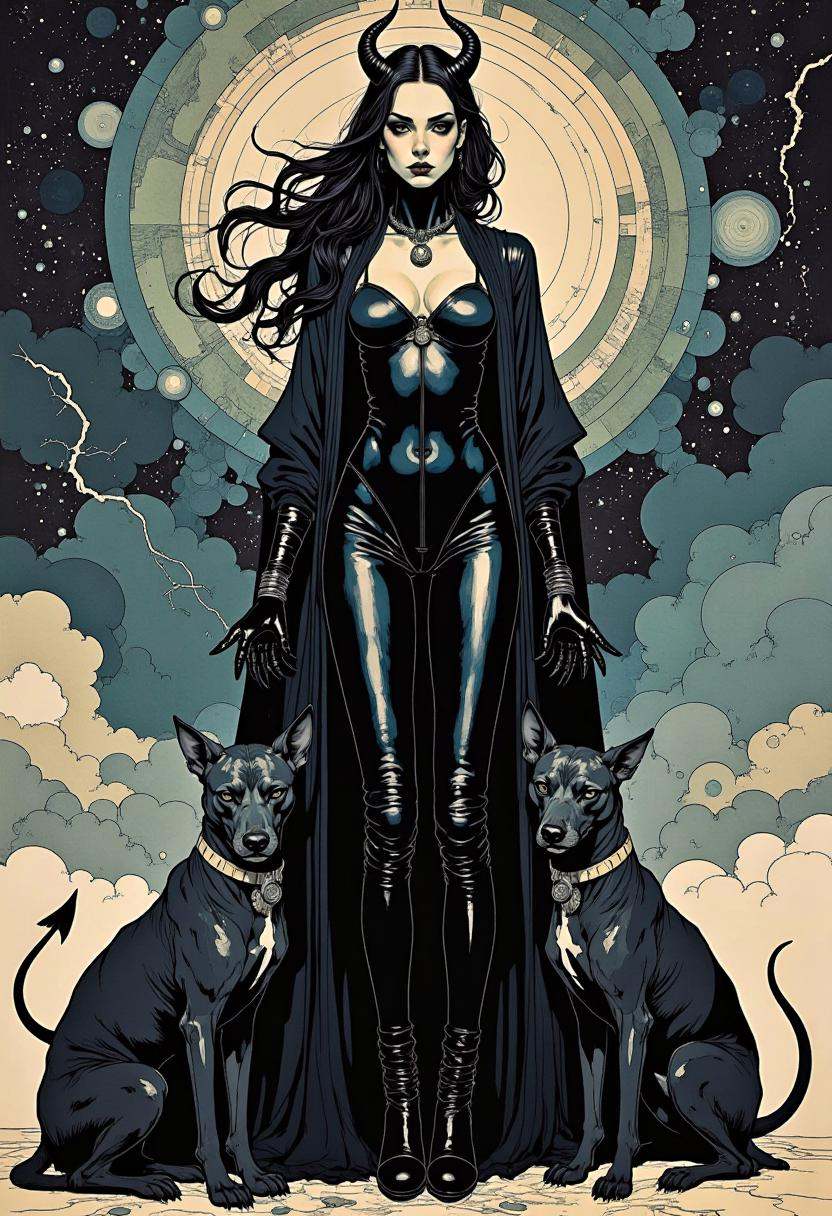 A digital illustration featuring inksketch,  Beautiful with hour glass figure Extremely Evil diabolical sinister satanic d...