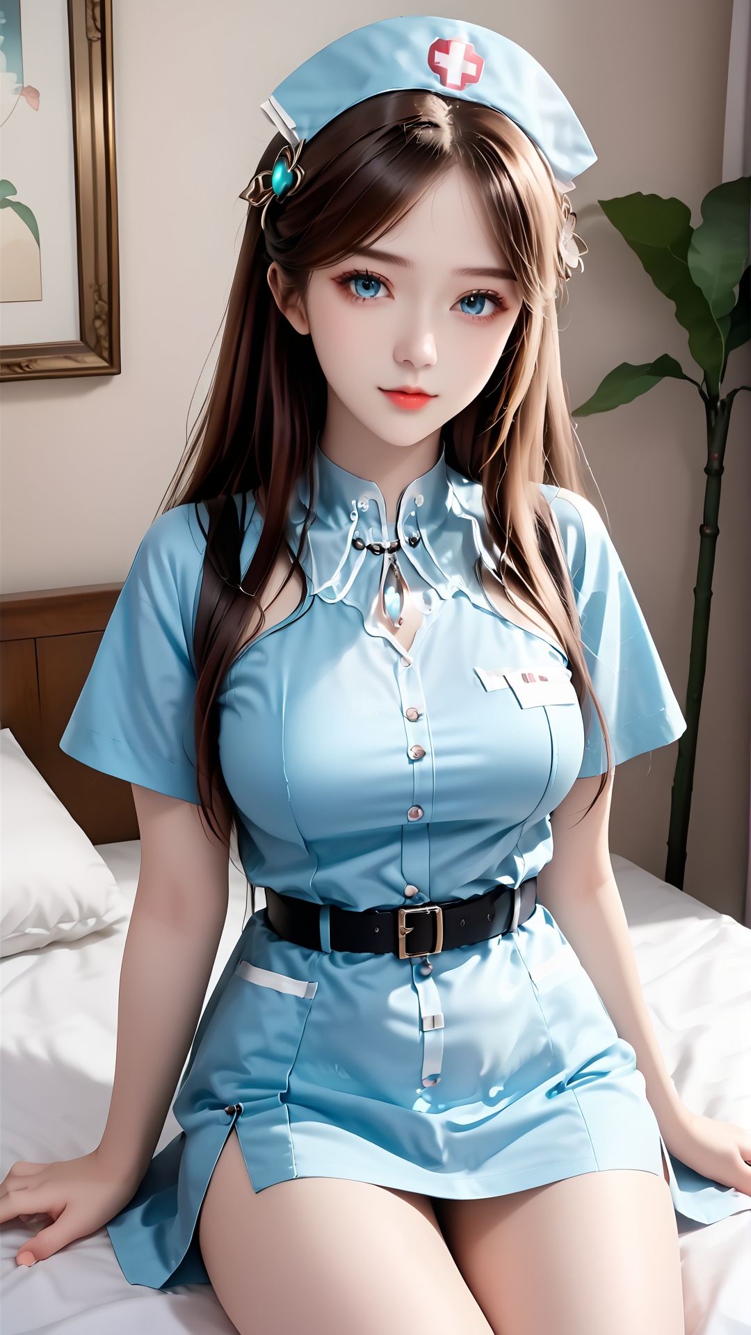 1girl, solo, hat, sitting, nurse cap, looking at viewer, dress, belt, long hair, brown hair, nurse, blue dress, breasts, hair ornament, clothing cutout, blue eyes, bed, indoors,<lora:pony宁荣荣-000008:0.8>,