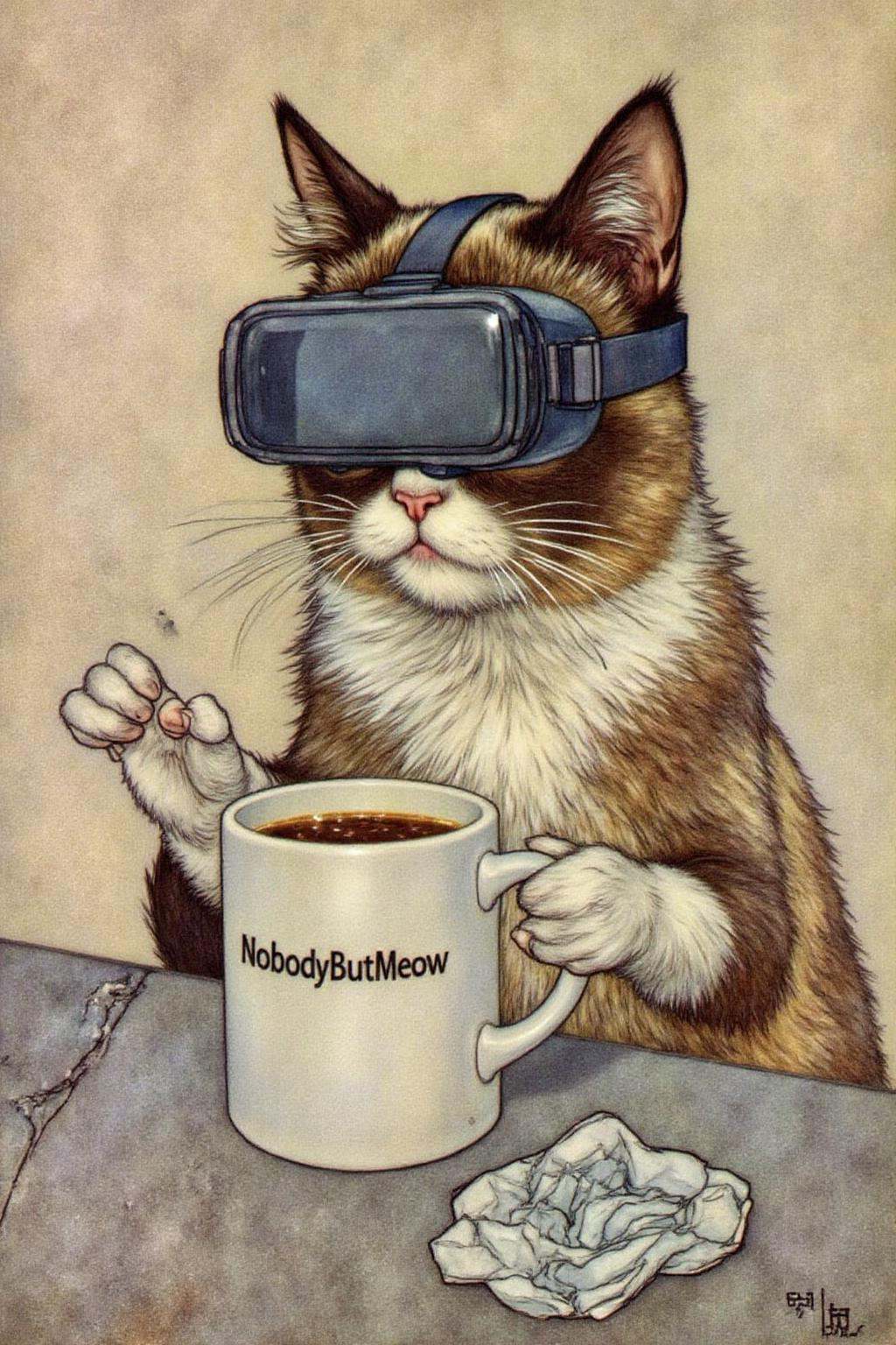 dulac1 illustration. Grumpy Cat holidng a coffee mug,  wearing a VR Headset. The mug has the phrase "NobodyButMeow" printe...