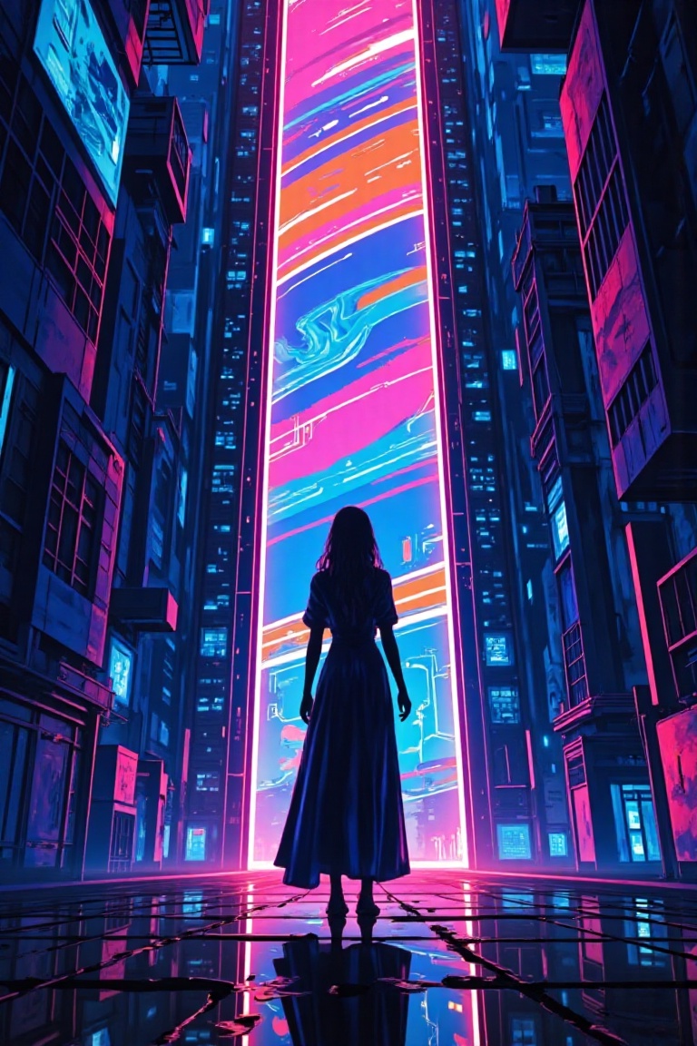 This is a vibrant,  digital artwork featuring a stylized,  surreal scene. The central figure is a silhouette of a person o...