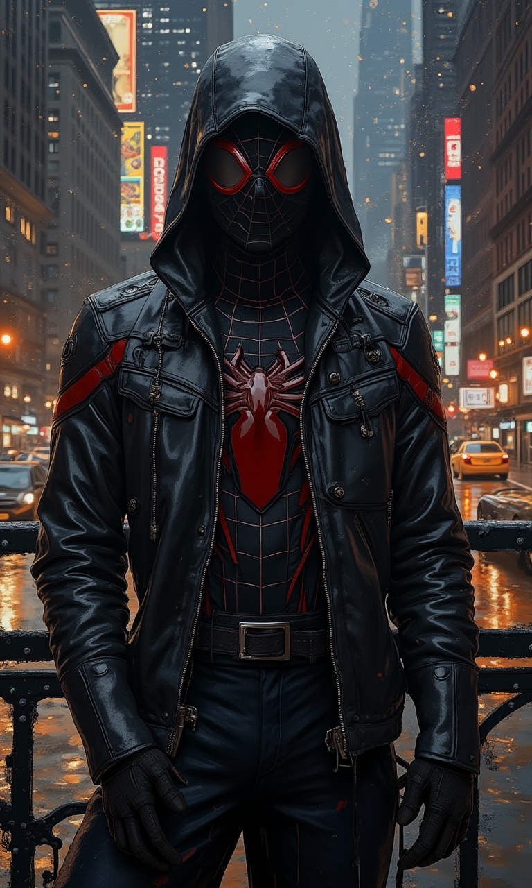 oil paint illustration,  Portrait painting of Spider-Man wearing a black leather suit,  ultra realistic on Tensor.Art