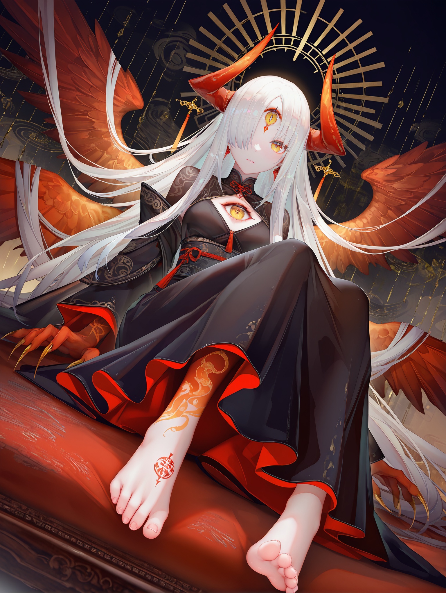 rei_(sanbonzakura),(wlop:0.25),Torino aqua,(tomozero:0.9),binggong asylum,ask_(askzy), 1girl,solo, dutch angle,foot focus, long hair, horns, yellow eyes, white hair, wings, claws, looking at viewer, very long hair, one eye covered, tattoo, third eye, halo, abstract background, ,masterpiece,best quality,amazing quality,