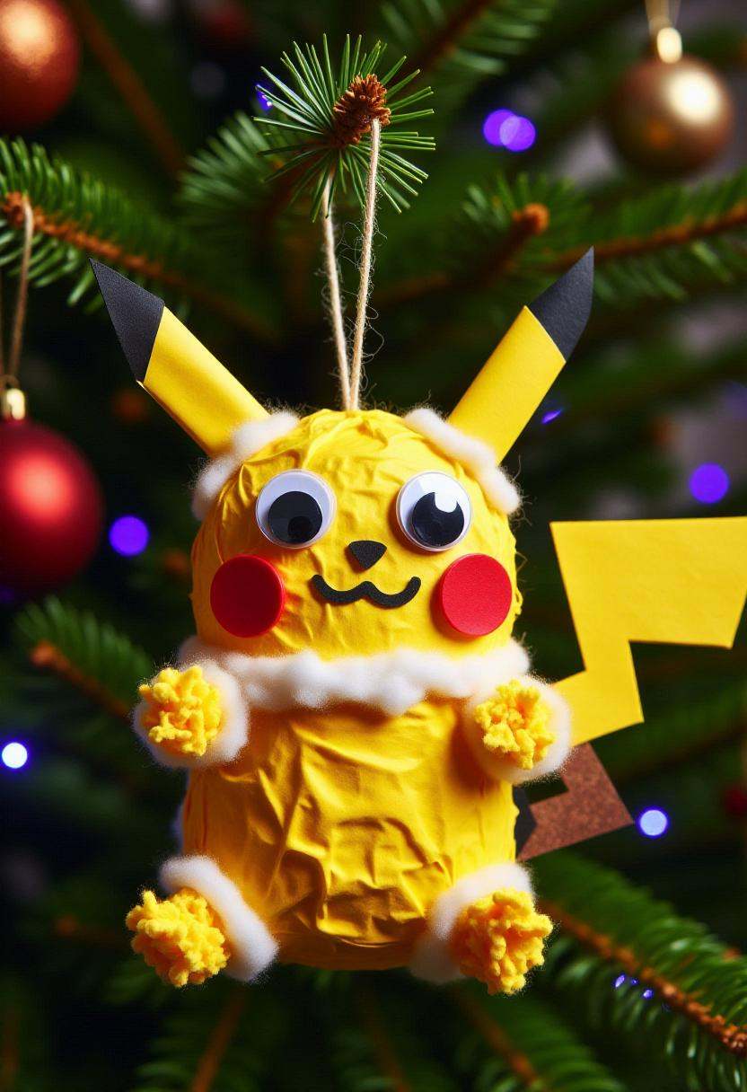 Photograph of a festive,  whimsical,  handmade Christmas decoration in the form of pikachu on Tensor.Art