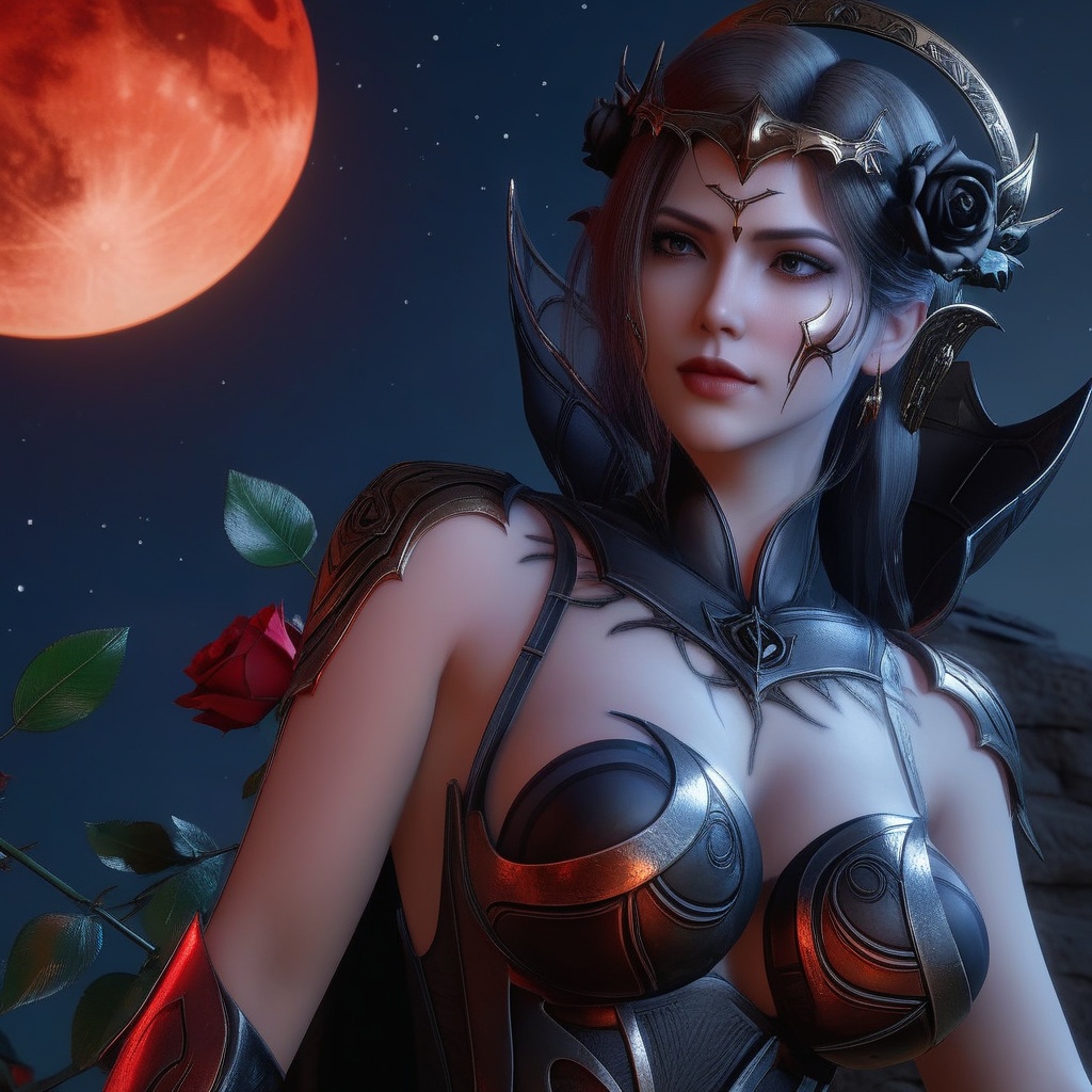 <lora:841-DA-XL-武庚纪-不闻不问:0.8>, (,1girl, ,best quality, ),,  ,,ultra realistic 8k cg,, ,masterpiece, (( , )),, ,science fiction,mole, ,    ,red moon, black rose,     (cleavage),,  (),