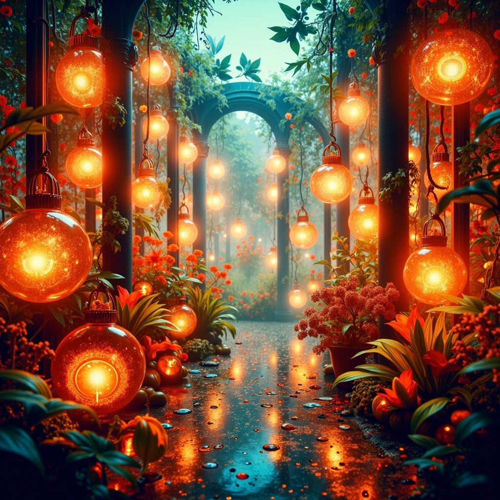 HalloweenGlowStyle orange themed digital art,  glass garden,  glowing plants on Tensor.Art