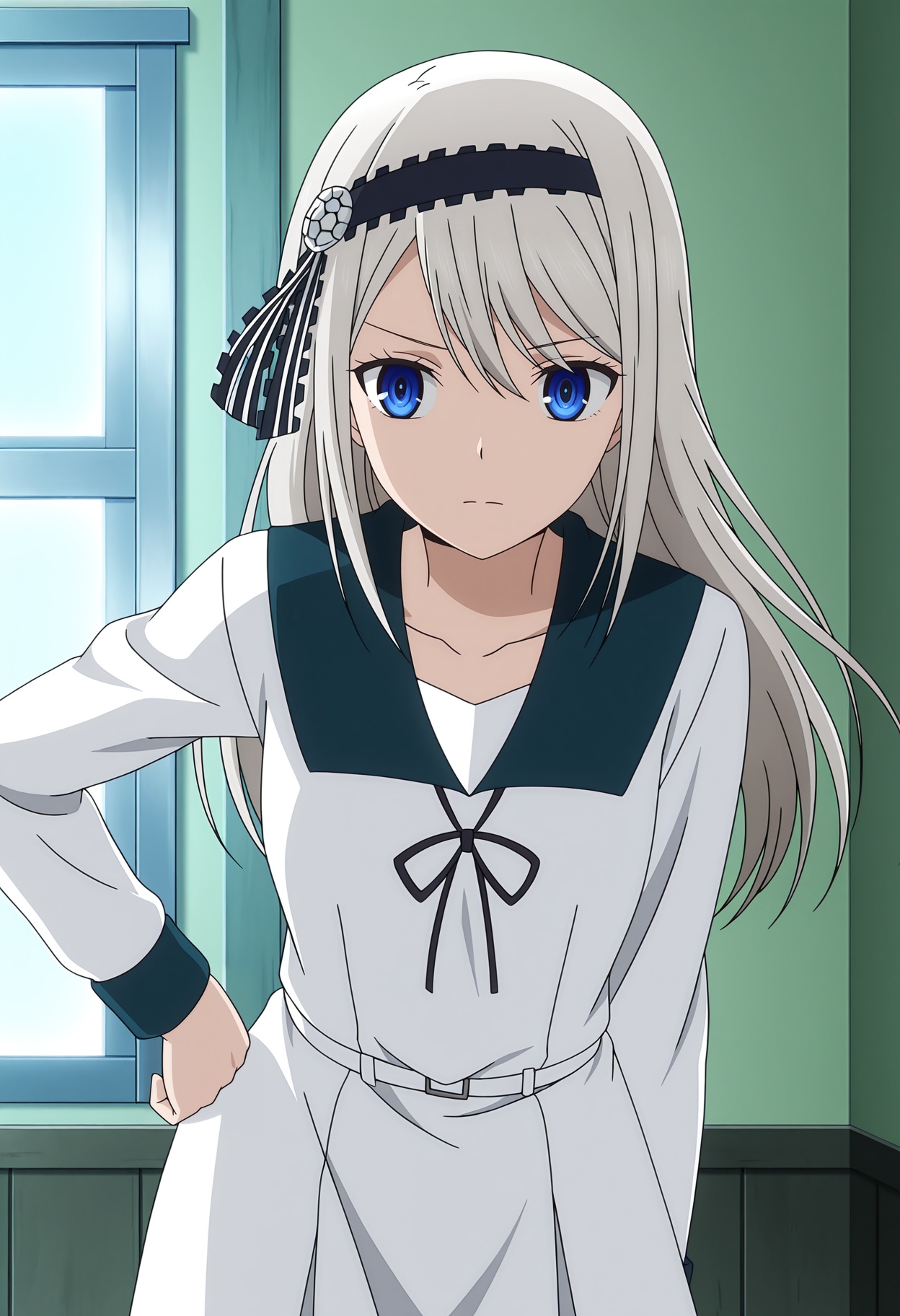 <lora:Shirogane Kei_illustrious-000010:1>,Shirogane Kei, solo, school uniform, hairband, dress, hand on own hip, ribbon, white dress, long sleeves, black ribbon, black hairband, collarbone, anime screencap