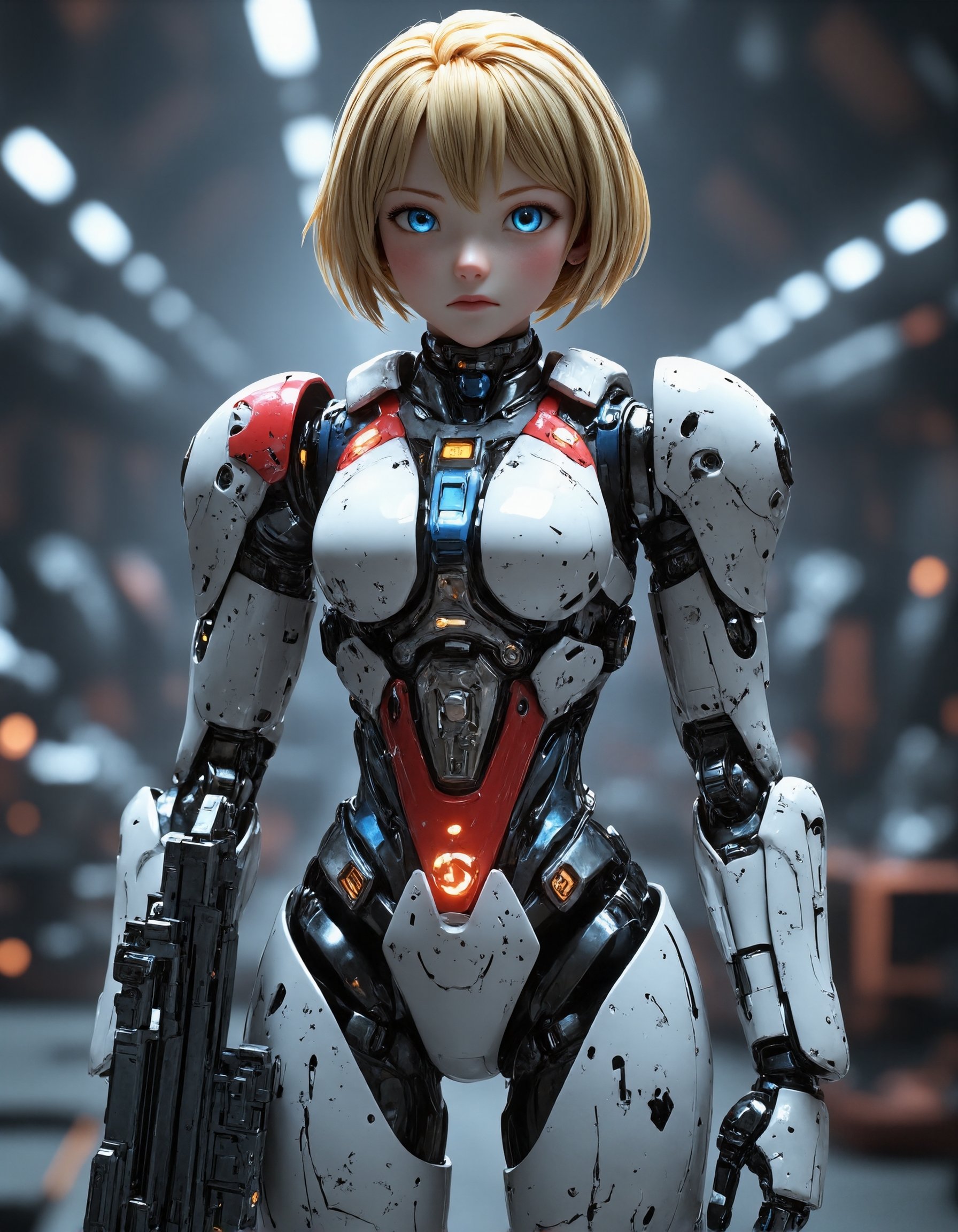 A highly detailed 3D anime-style depiction of a female mecha pilot integrated into a futuristic combat suit,  blending hum...
