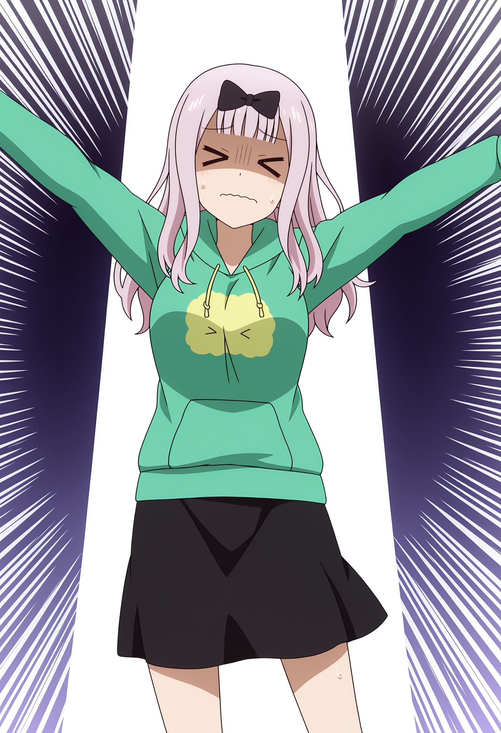 <lora:Chika FUJIWARA_illustrious-000012:1>,Chika FUJIWARA, bow, solo, black bow, hood, >_<, emphasis lines, hoodie, white background, wavy mouth, skirt, closed eyes, black skirt, long sleeves, simple background, outstretched arms, arms up, sweat, green hoodie, shaded face, anime screencap