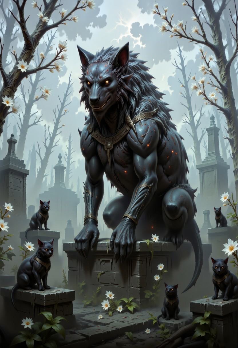 DFOP-V3.0 style dark fantasy oil painting that features fog covered graveyard,  graveyard is full of white flowers that ra...