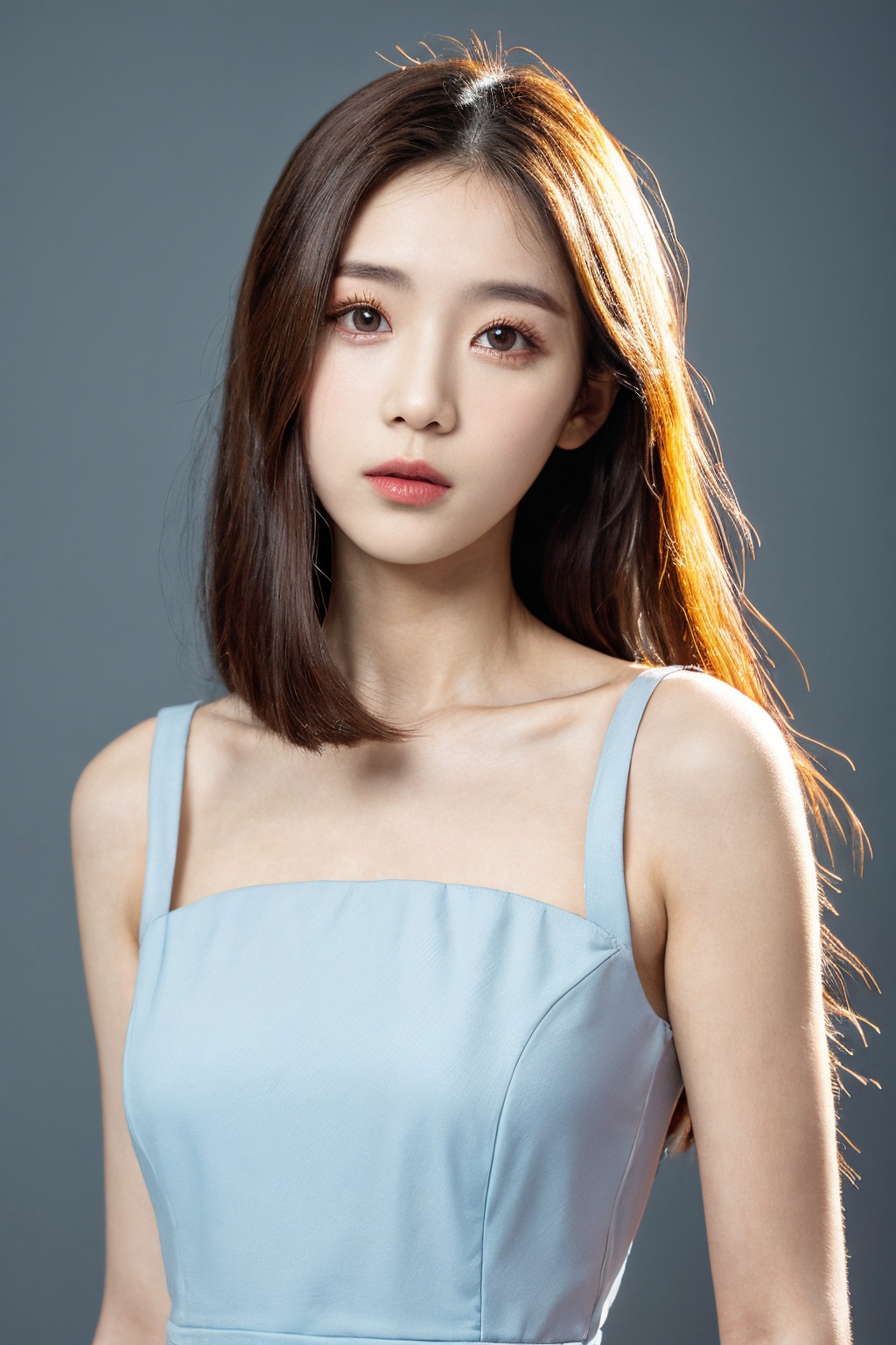 girl, upper body, looking at viewer, dress, simple background, <lora:AgainChangeFaceLora:-0.5>