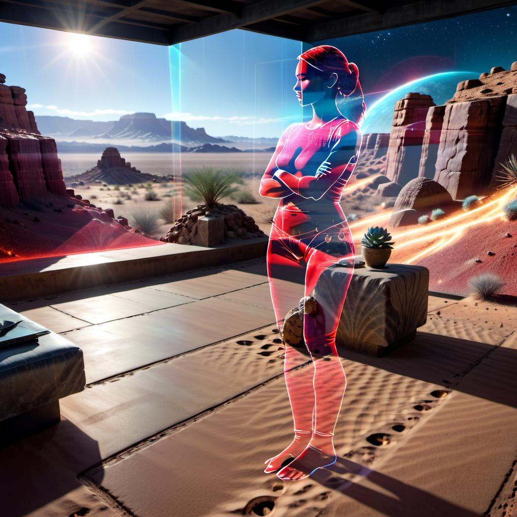 photorealistic,  photo of single full body holographic projection of red transparent hologram central american woman looki...