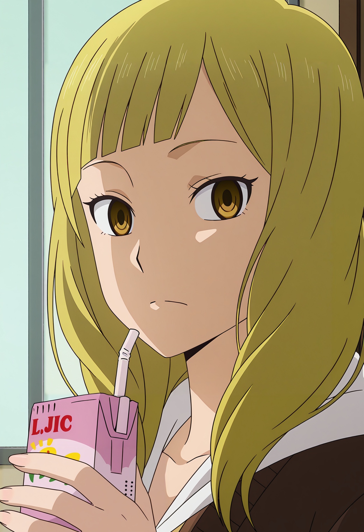 <lora:Onodera Rei_illustrious-000058:1>,Onodera Rei,solo,juice box,looking at viewer,drinking straw,parody,closed mouth,portrait,anime coloring,holding,anime screencap,blonde,