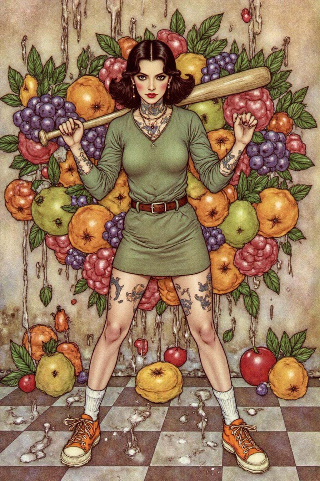 dulac1 illustration full body,  liquid splash,  cartoonish juicy fruits chaos on Tensor.Art